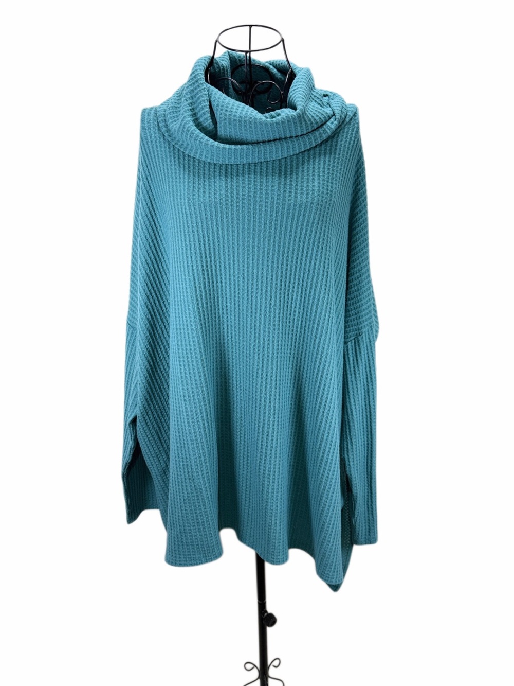 Zenana Outfitters Teal Waffle Cowl Neck Sweater
